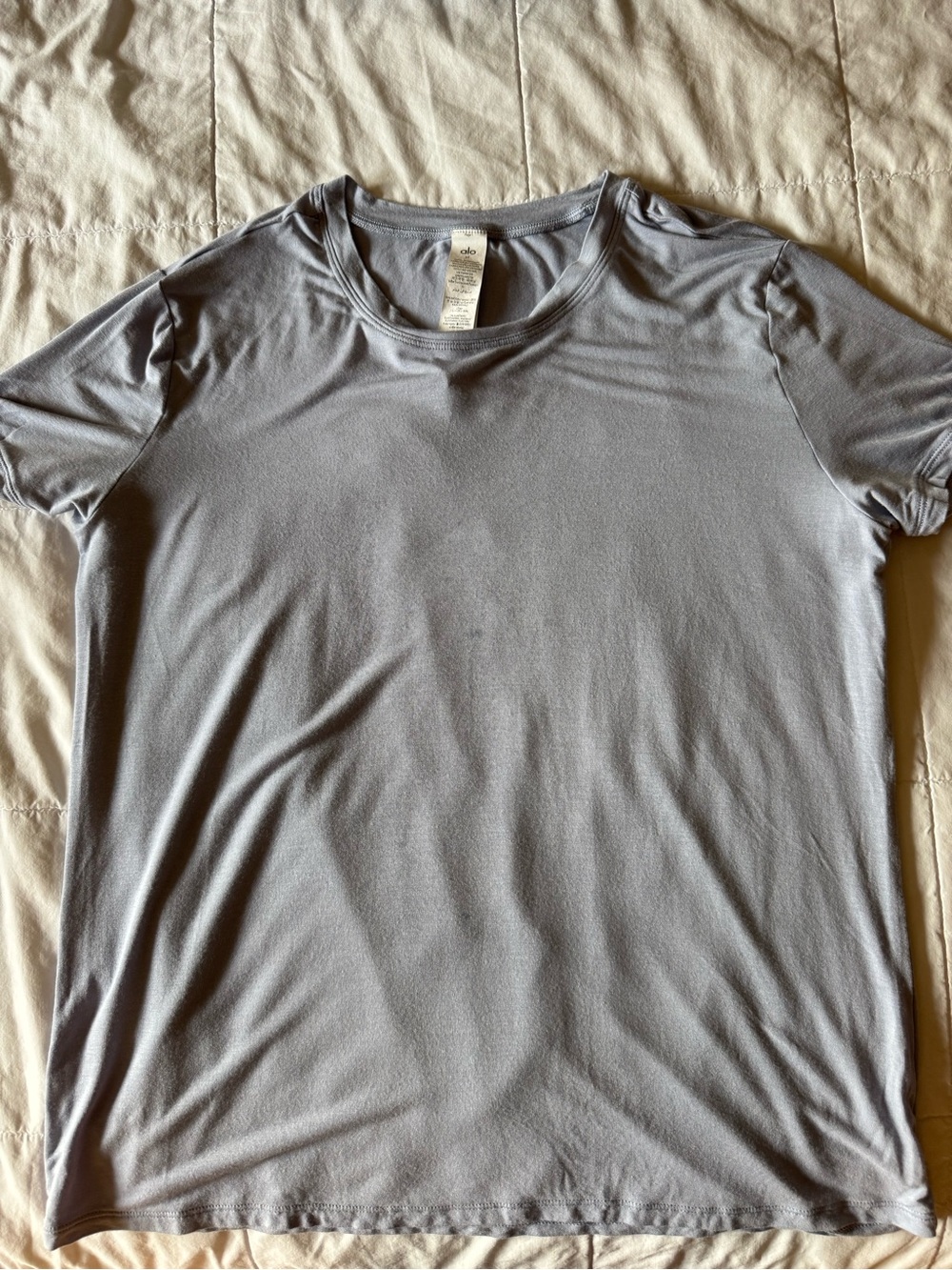 Light blue gray women’s Alo basic tee.